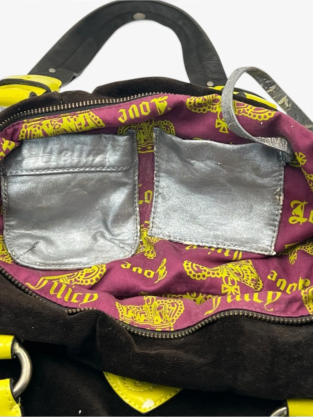 Vintage Y2K Juicy Couture Black Velour Hobo Bag Neon Yellow Scottie Crown Logo
